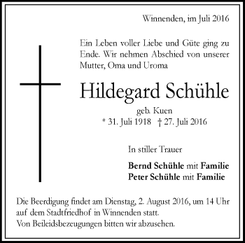 Traueranzeige von Hildegard Schühle von Waiblinger Kreiszeitung
