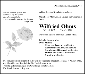 Traueranzeige von Wilfried Ohms von Waiblinger Kreiszeitung