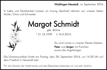 Traueranzeige von Margot Schmidt von Waiblinger Kreiszeitung