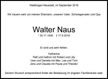 Traueranzeige von Walter Naus von Waiblinger Kreiszeitung