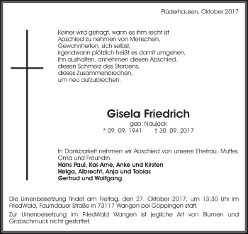 Traueranzeige von Gisela Friedrich von Waiblinger Kreiszeitung