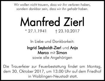 Traueranzeige von Manfred Zierl von Waiblinger Kreiszeitung