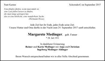 Traueranzeige von Margarete Medinger von Waiblinger Kreiszeitung