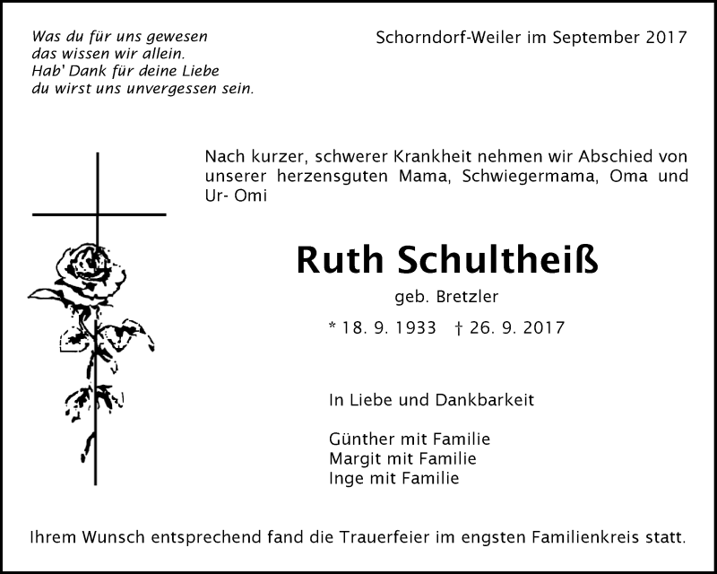  Traueranzeige für Ruth Schultheiß vom 05.10.2017 aus Waiblinger Kreiszeitung