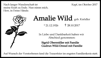 Traueranzeige von Amalie Wild von Waiblinger Kreiszeitung