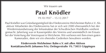 Traueranzeige von Paul Knödler von Waiblinger Kreiszeitung