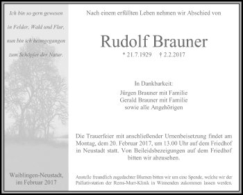 Traueranzeige von Rudolf Brauner von Waiblinger Kreiszeitung