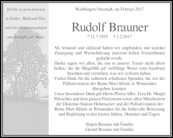 Traueranzeige von Rudolf Brauner von Waiblinger Kreiszeitung