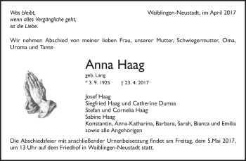 Traueranzeige von Anna Haag von Waiblinger Kreiszeitung