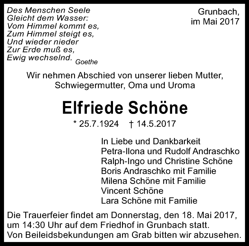 Traueranzeigen Von Elfriede Schone Zvw Trauer