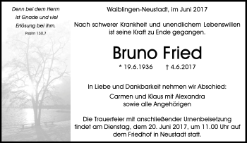 Traueranzeige von Bruno Fried von Waiblinger Kreiszeitung