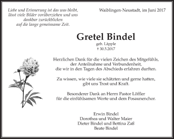 Traueranzeige von Gretel Bindel von Waiblinger Kreiszeitung