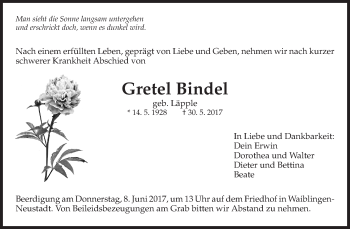 Traueranzeige von Gretel Bindel von Waiblinger Kreiszeitung