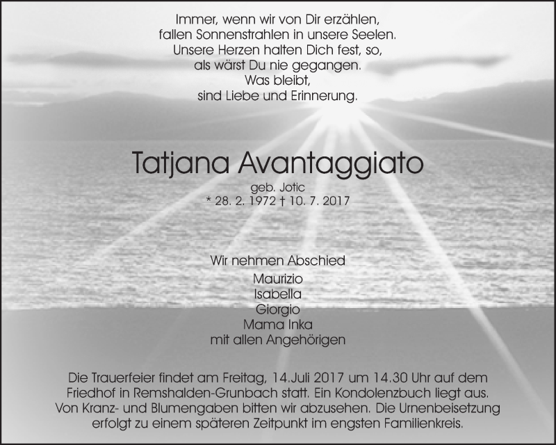  Traueranzeige für Tatjana Avantaggiato vom 12.07.2017 aus Waiblinger Kreiszeitung