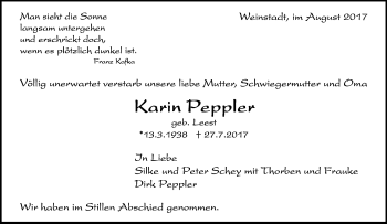 Traueranzeige von Karin Peppler von Waiblinger Kreiszeitung