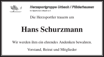 Traueranzeige von Hans Schurzmann von Waiblinger Kreiszeitung