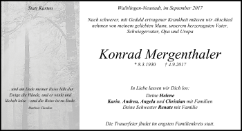 Traueranzeige von Konrad Mergenthaler von Waiblinger Kreiszeitung