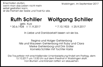 Traueranzeige von Ruth und Wolfgang Schiller von Waiblinger Kreiszeitung