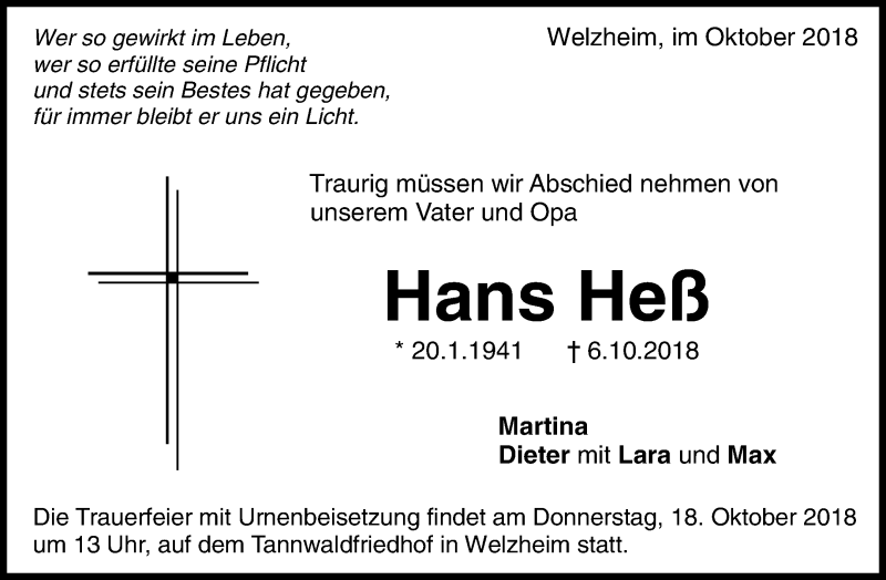 Traueranzeigen Von Hans Hess Zvw Trauer