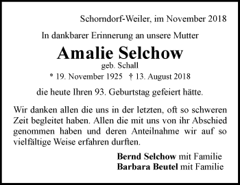 Traueranzeige von Amalie Selchow von Waiblinger Kreiszeitung