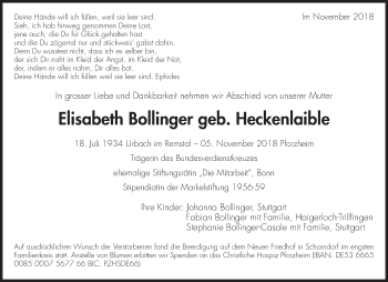 Traueranzeige von Elisabeth Bollinger von Waiblinger Kreiszeitung