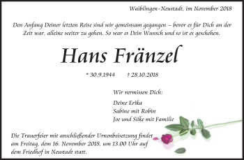 Traueranzeige von Hans Fränzel von Waiblinger Kreiszeitung