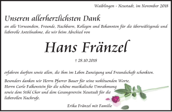 Traueranzeige von Hans Fränzel von Waiblinger Kreiszeitung