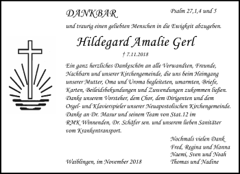 Traueranzeige von Hildegard Amalie Gerl von Waiblinger Kreiszeitung