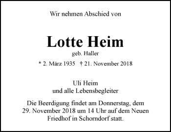 Traueranzeige von Lotte Heim von Waiblinger Kreiszeitung