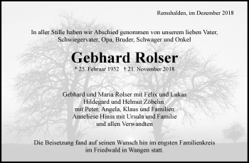 Traueranzeige von Gebhard Rolser von Waiblinger Kreiszeitung