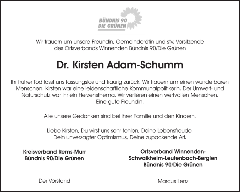  Traueranzeige für Kirsten Adam-Schumm vom 01.12.2018 aus Waiblinger Kreiszeitung