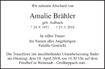Traueranzeige von Amalie Brähler von Waiblinger Kreiszeitung