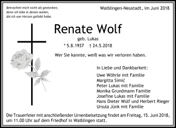 Traueranzeige von Renate Wolf von Waiblinger Kreiszeitung