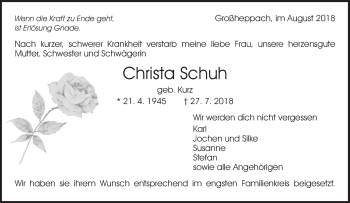 Traueranzeige von Christa Schuh von Waiblinger Kreiszeitung