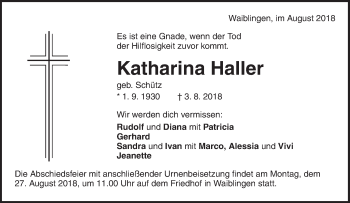 Traueranzeige von Katharina Haller von Waiblinger Kreiszeitung