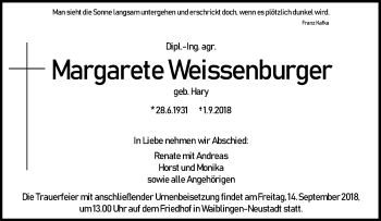 Traueranzeige von Margarete Weissenburger von Waiblinger Kreiszeitung