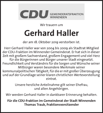 Traueranzeige von Gerhard Haller von Waiblinger Kreiszeitung