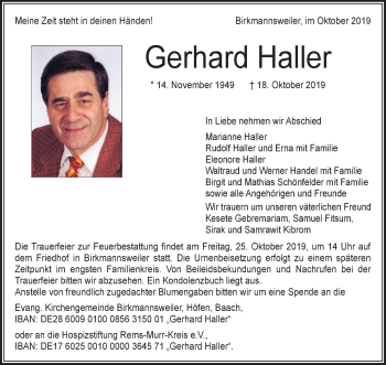 Traueranzeige von Gerhard Haller von Waiblinger Kreiszeitung