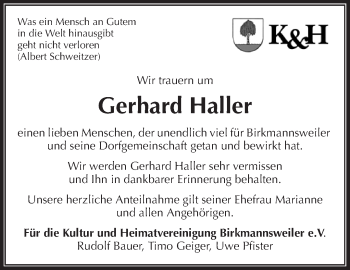 Traueranzeige von Gerhard Haller von Waiblinger Kreiszeitung