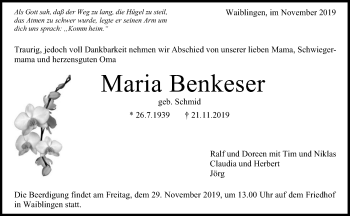 Traueranzeige von Maria Benkeser von Waiblinger Kreiszeitung