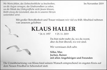 Traueranzeige von Klaus Haller von Waiblinger Kreiszeitung