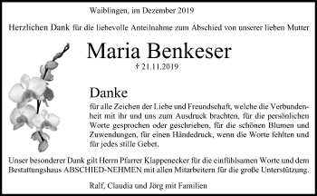 Traueranzeige von Maria Benkeser von Waiblinger Kreiszeitung