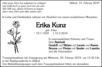 Traueranzeigen Von Erika Kunz | ZVW-Trauer