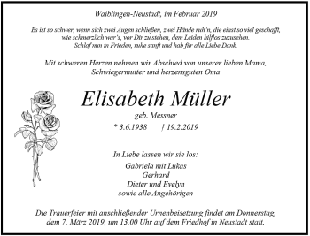 Traueranzeige von Elisabeth Müller von Waiblinger Kreiszeitung