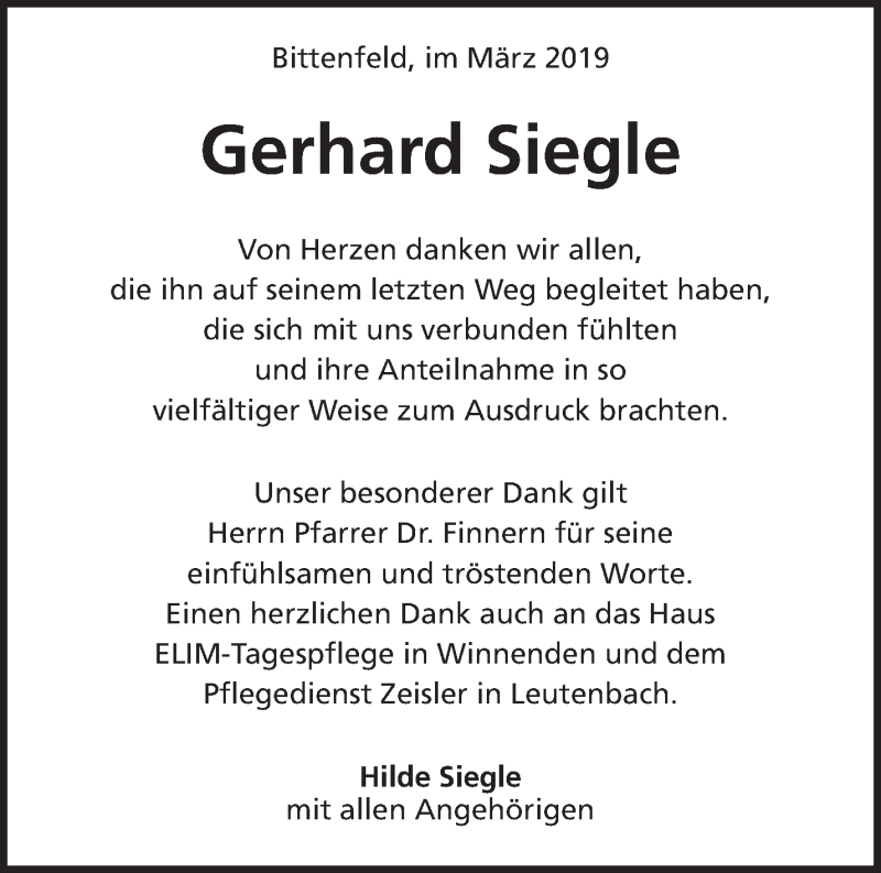 Traueranzeigen Von Gerhard Siegle Zvw Trauer