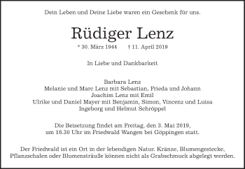 Traueranzeige von Rüdiger Lenz von Waiblinger Kreiszeitung