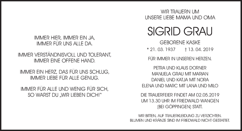  Traueranzeige für Sigrid Grau vom 24.04.2019 aus Waiblinger Kreiszeitung