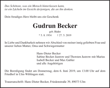 Traueranzeige von Gudrun Becker von Waiblinger Kreiszeitung