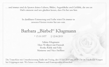 Traueranzeige von Barbara Klugmann von Waiblinger Kreiszeitung