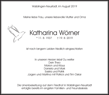 Traueranzeige von Katharina Wörner von Waiblinger Kreiszeitung